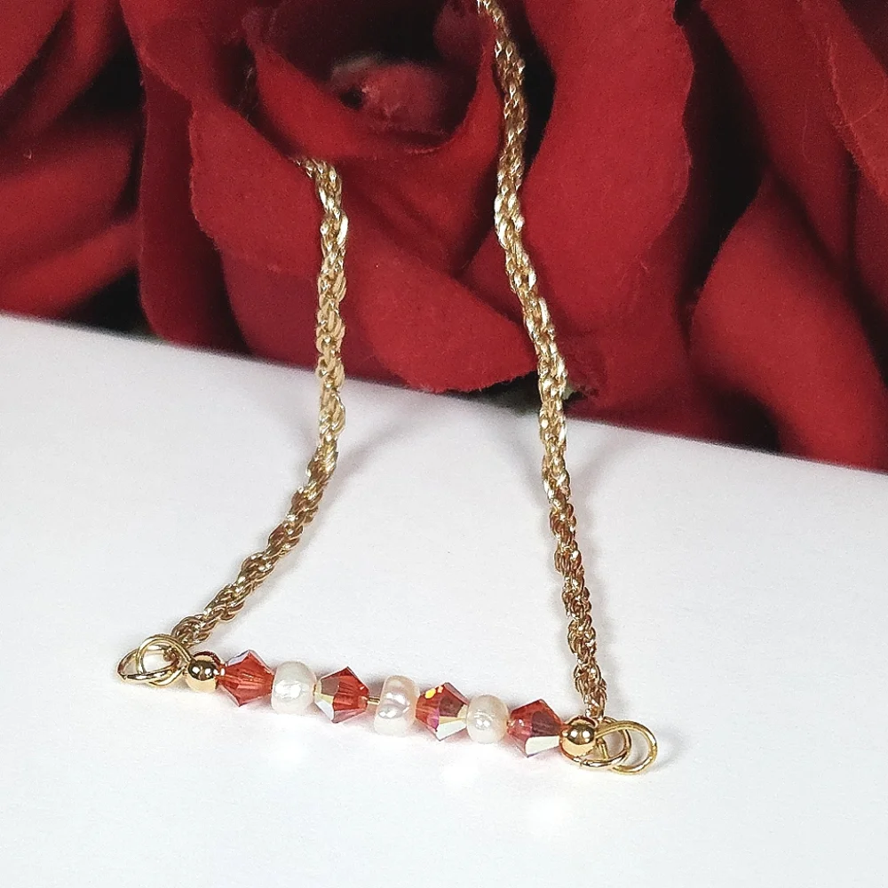 Handmade White Pearl & Pink Peach AB Crystal Bar Gold Bracelet Rope Twist Chain